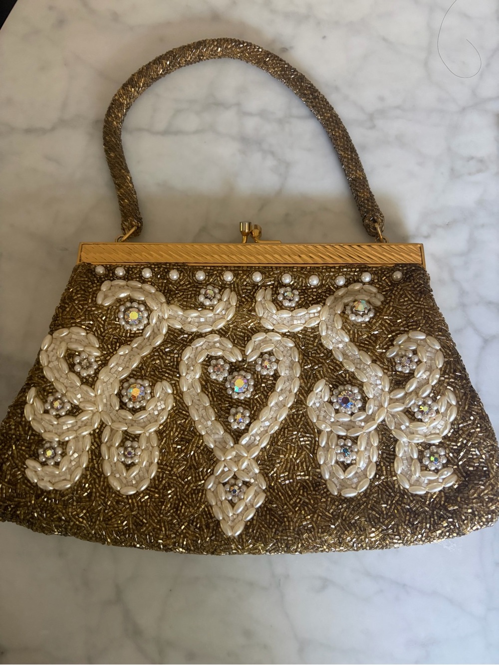 Gold Beaded Evening Clutch with Pearl Motif